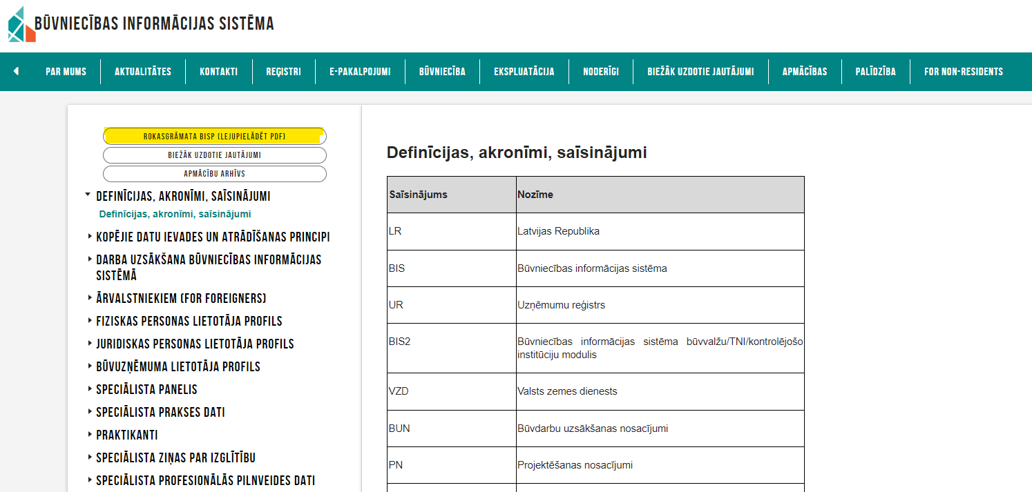 BIS rokasgrāmatas PDF formātā atrašanās vieta BIS mājas lapā